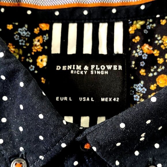 Denim & Flower Ricky Singh Mens size Large Button Front S/S Shirt Navy Polka Dot - Picture 4 of 10